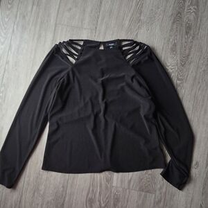 A.U.W. Black Strappy Cage Shoulder Long Sleeve Blouse Cut Out Night Out- Size L